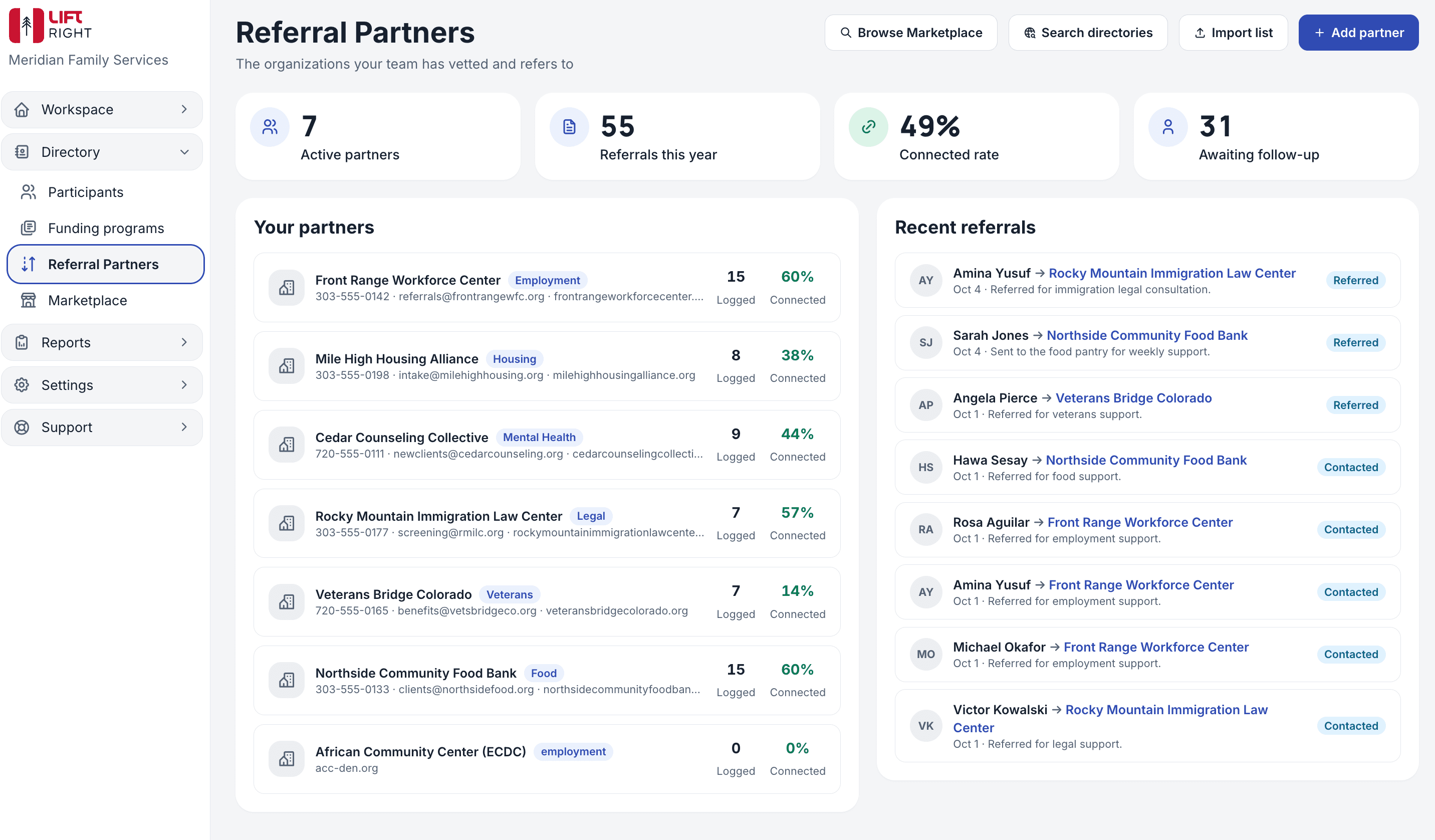Lift Right referrals interface